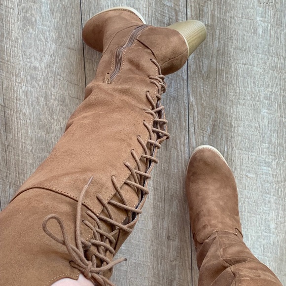 Soda Chestnut Brown Faux Suede Lace Up Heeled BOOT - Picture 5 of 8